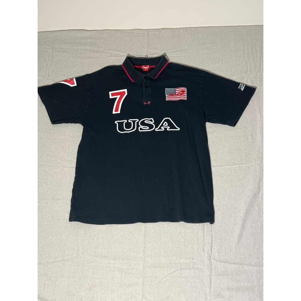 Seven7 USA Polo Shirt Mens XL Navy Blue Short Sleeve Graphic American Flag Sport